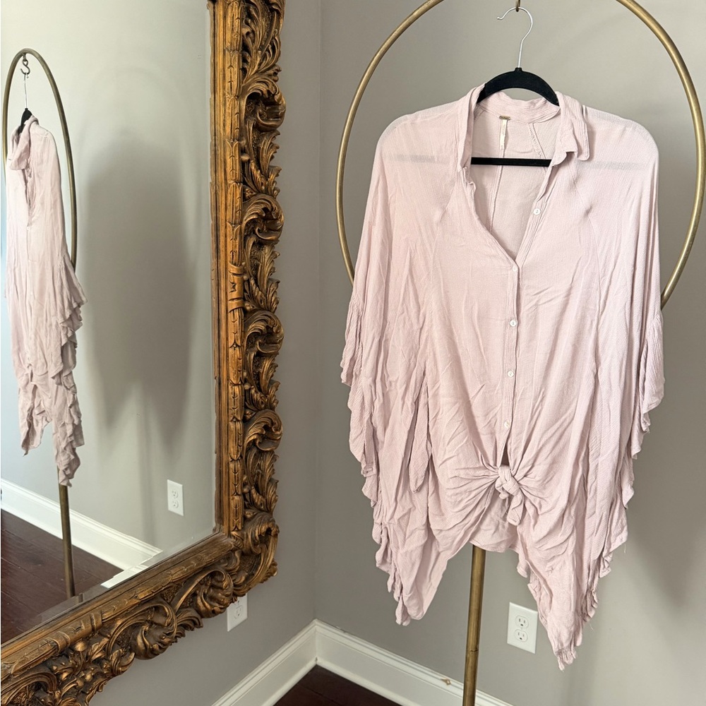 Free People Blush Pink Button-Front Twist-Hem Collared Top